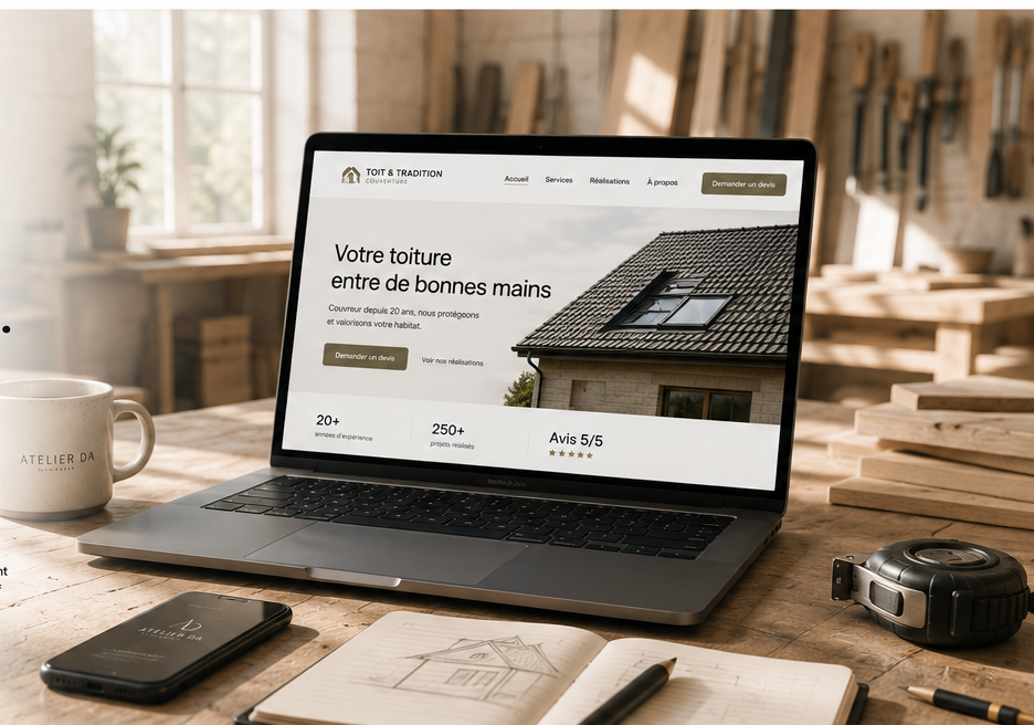 Atelier lumineux avec un MacBook affichant un site d'artisan