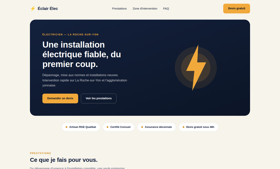Page d'accueil du site de démonstration Éclair Élec