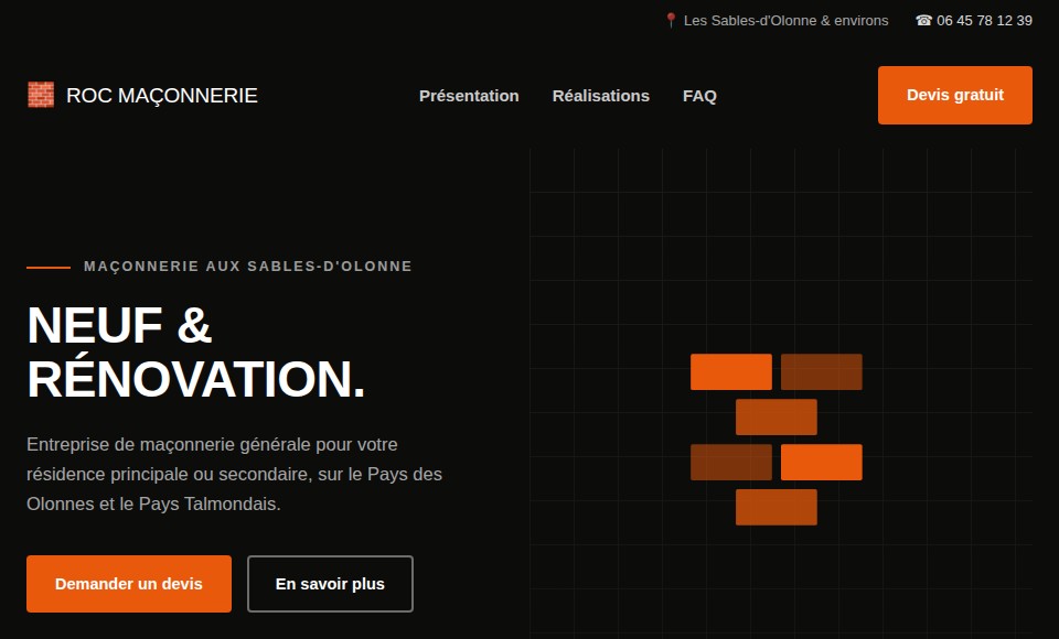 Page d'accueil du site de démonstration Roc Maçonnerie