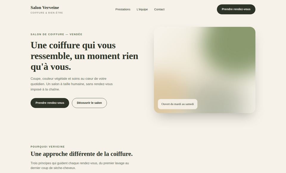 Page d'accueil du site de démonstration Salon Verveine
